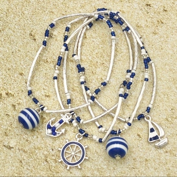 🌼 Nautical Theme Anchor Ship Wheel Boat Set of 5 Bracelets - Picture 1 of 3